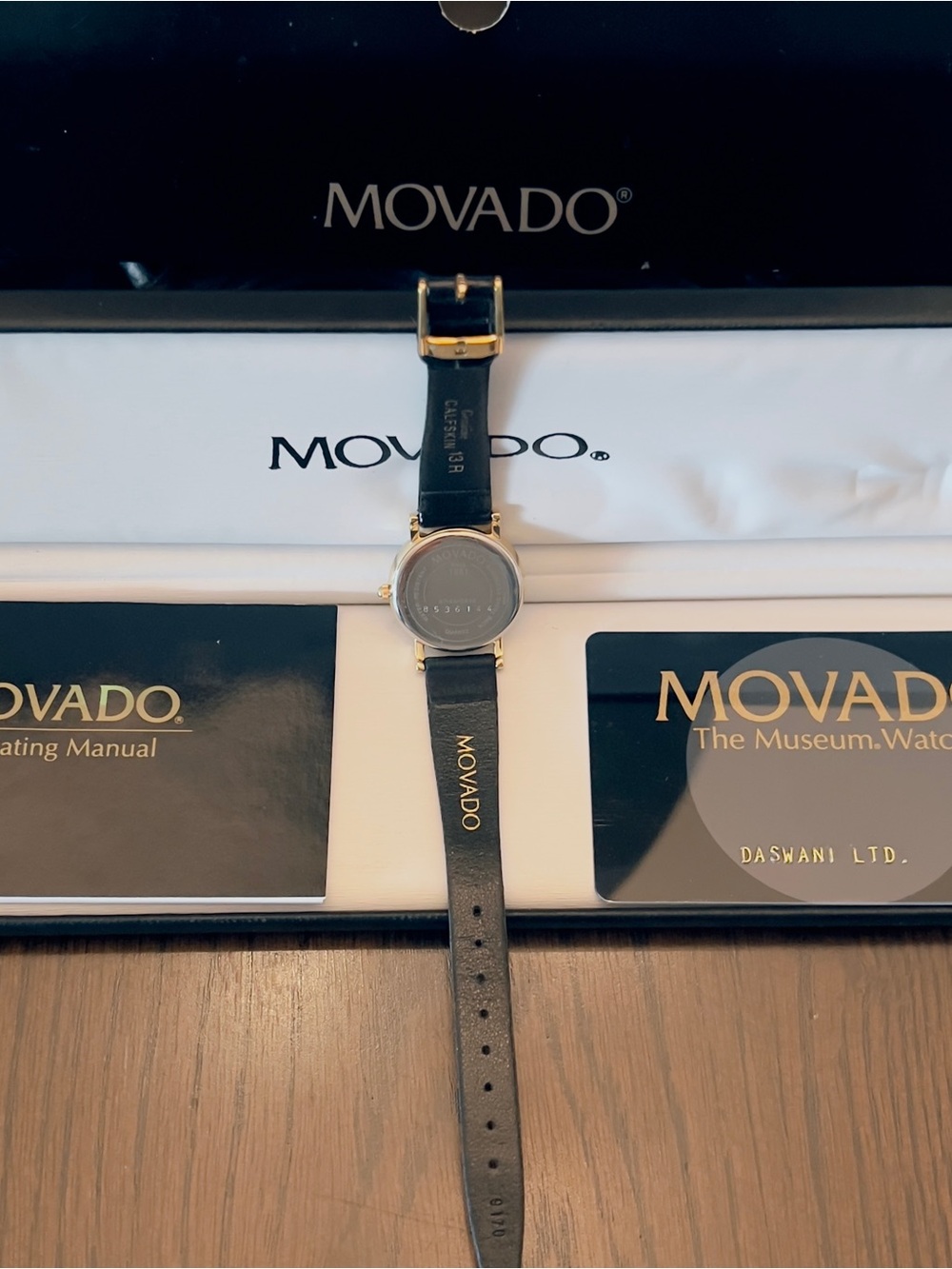 Authentic Movado Womans Black Leather Strap Dress Watch - Black